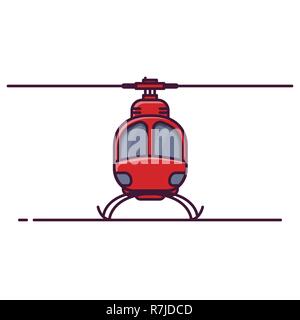 Front view of red city helicopter. Line style vector illustration. Air city transport banner. Modern helicopter with rotor. Small chopper concept. Mil Stock Vector