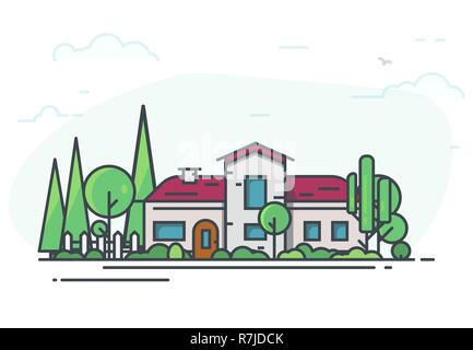 Big classic house surrounded with trees. Green park or garden. Real estate cottage background for banner. Modern line vector illustration. White fence Stock Vector