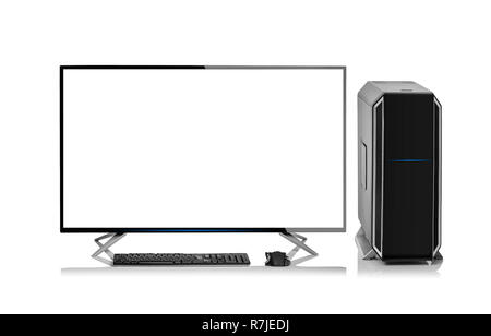 Modern stylish desktop personal computer with rgb led illumination on white background. Stock Photo