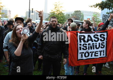 Berlin, Germany - 24 September 2017: Protesters during right-wing Anti AfD Protest near Alexanderplatz in Berlin Stock Photo