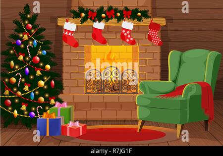 Decorated Christmas room with xmas tree, gifts, fireplace, armchair Stock Vector
