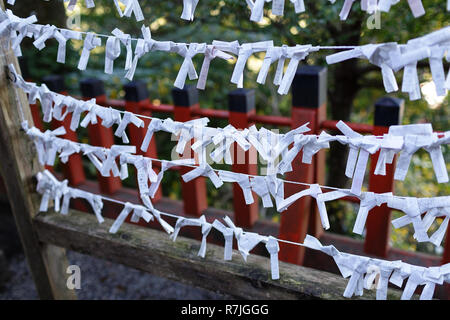 Traditional omikuji paper prayers for fortune, fate, luck and blessing tied at Kumano Nachi Taisha shrine sanctuary, Japan Stock Photo