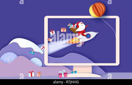 Modern paper banner with Santa Claus on rocket with box of gifts inside of computer monitor. Happy New Year 2019 and Merry Christmas card. Vector illustration. Paper cut and craft style. Stock Vector