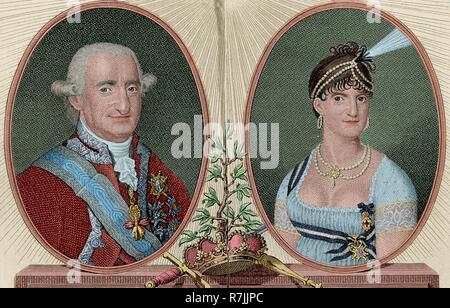 Carlos IV (Nápoles, 1748-Roma, 1819). Rey de España (1788-1808). Carlos IV y su esposa María Luisa. Grabado de Rafael Esteve, año 1806. Coloreado. Stock Photo