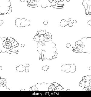 Fuzzy sheep flying in the clouds. Funny baby Wallpapers. Vector illustration Stock Vector