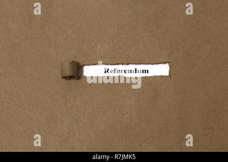 Ripped brown manilla envelope revealing the word referendum on white paper.  UK Brexit deal concept Stock Photo