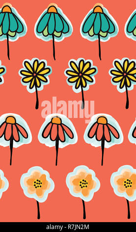 Doodle flowers seamless pattern on a peach orange background. Perfect for the kids market. Cute simple design. Fabric, paper, wallpaper, kids decor, c Stock Photo