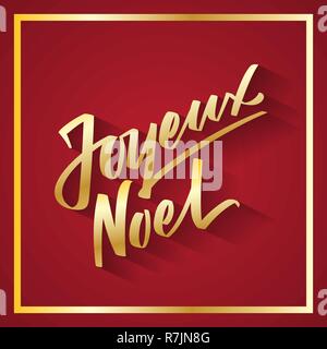Joyeux Noel - Merry Christmas from french hand-written text, typography, hand lettering, calligraphy. Vector gold Christmas card template with greetings in french. flyer, banner, poster on red Stock Vector