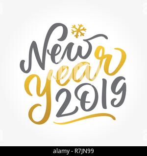 Happy New Year 2019 hand written lettering two colored text, calligraphy. typography. Vector gold card template with greetings in french. flyer, banner, poster Stock Vector
