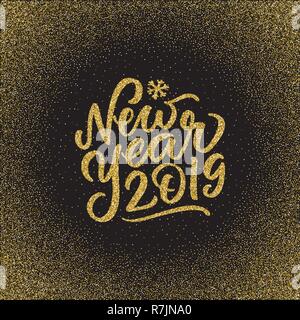 Happy New Year 2019 hand written lettering text, calligraphy. typography. Vector gold on black card template with greetings in french. flyer, banner, poster Stock Vector