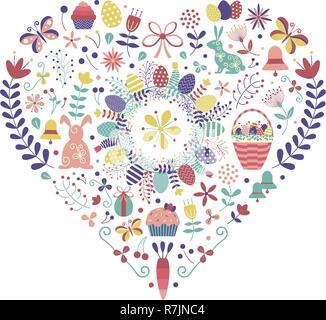 Easter Elements Set in Heart Shape Stock Vector