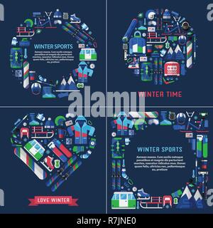 Winter Ski Resort Cards Set Stock Vector