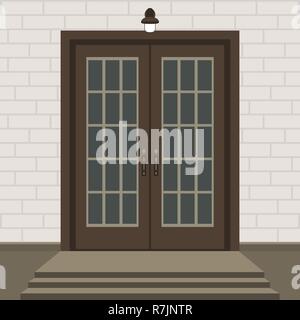 House door front with doorstep and steps, window, lamp, flowers, building entry facade, exterior entrance with brick wall design illustration vector f Stock Vector
