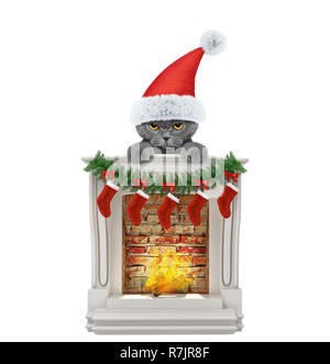 Cute cat near fireplace. Isolated on white Stock Photo