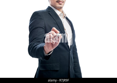Businessman with marker writing something on the screen standing isolated over white background Stock Photo