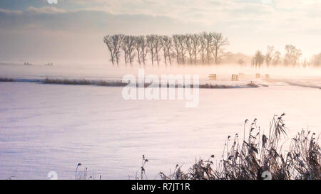 Great nice cozy winter landscape in the Netherlands along old seawall snow, ice and fog Stock Photo