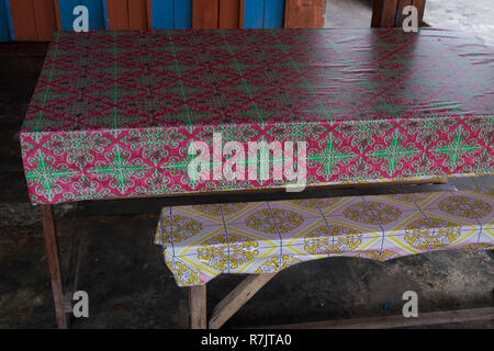 Vinyl tableclothes, recycling old advertising signs in Pekanbaru, Indonesia Stock Photo