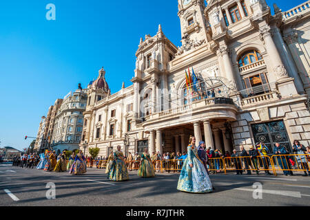 Fallas festival. Parade. Falleras, women in traditional dress. Valencia. Valencian Community. Spain. Intangible Cultural Heritage of Humanity. UNESCO Stock Photo