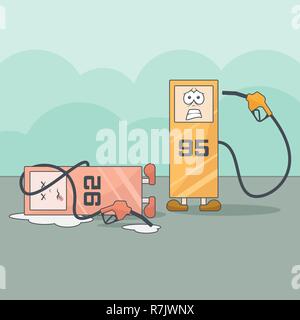 Funny cartoon gas stations with financial problems Stock Vector