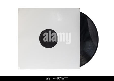 12-inch 33 1/3 rpm LP vinyl record in a old white paper case. Isolated on white background. Stock Photo