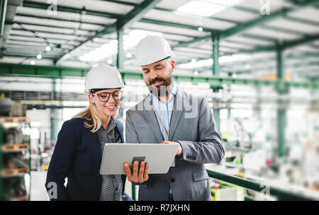 A portrait of an industrial man and woman engineer with tablet in a factory, working. Stock Photo