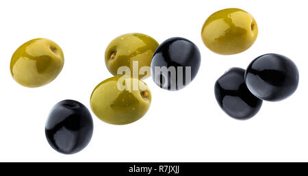 Green and black olives isolated on white background with clipping path Stock Photo