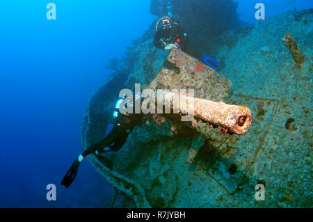 Scuba divers looking at anti-aircraft gun on the stern of the shipwreck 'SS Thistlegorm', Red Sea, Egypt Stock Photo