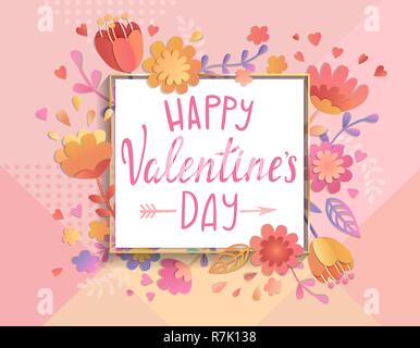 Happy Valentines day card template with square frame on geometric background with floral ornament. Greeting posters, brochure, banners, invitation. Vector illustration. Stock Vector