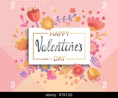 Happy Valentines day banner template with gold square frame on geometric background with floral ornament. Greeting posters, brochure,cards, invitation. Vector illustration. Stock Vector