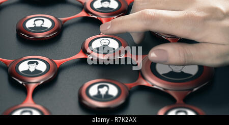 Finger pressing an avatar to select a contact inside a business network. Composite image between a hand photography and a 3D background. Stock Photo