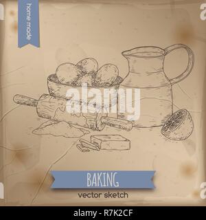 Home baking hand drawn sketch with milk decanter, rolling pin, flour, eggs, butter and lemon. Stock Vector