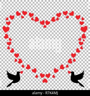 Vector red heart shaped retro vintage border photo frame of hearts with loving doves couple pigeons black silhouettes. Template for Valentines day gre Stock Vector