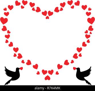 Vector red heart shaped retro vintage border photo frame of hearts with loving doves couple pigeons black silhouettes. Valentine day greeting card tem Stock Vector