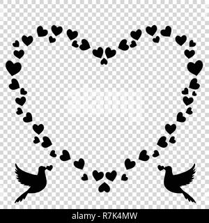 Vector black retro vintage heart shaped border photo frame of hearts with loving doves couple pigeons silhouette. Template for Valentine day, wedding  Stock Vector