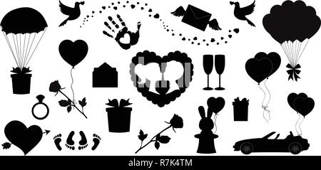 Vector love icons set of 20 editable filled valentines silhouette signs. Heart, balloons, arrow heart, rose, kissing couple, ring, just married car, b Stock Vector