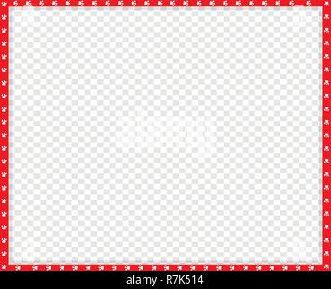 Cute rectangle red and white photo frame made of animal paw print on transparent background. Vector template, border, framework, poster, banner, scrap Stock Vector