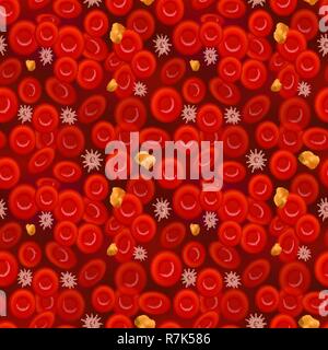 Erythrocytes with white blood cells and cholesterol, blood composition seamless pattern Stock Vector