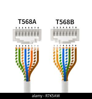 RJ45 crossover pin assignment in T568A and T568B connections types, infographic scheme Stock Vector