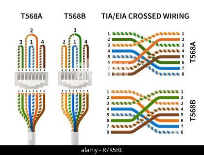 RJ45 crossover pin assignment infographic on white Stock Vector