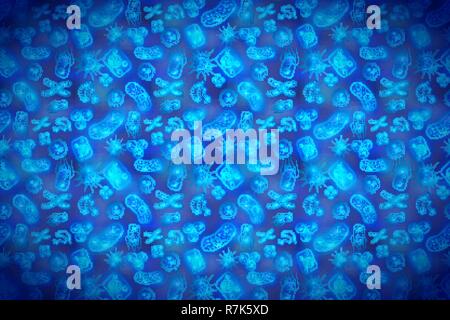 Bright glowy biology cells, bacterias and virus in blue water, wide scientistic background Stock Vector