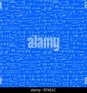 A lot of white hand-drawn complicated scientific formulas and calculations on blueprint plane, seamless pattern on white Stock Vector