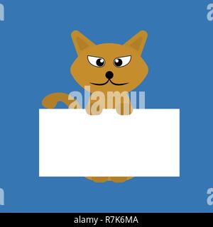 Cartoon orange pet cat showing a placard isolated on blue background, vector, illustration, eps file Stock Vector