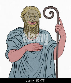 Comedian wearing the terracotta comic theatre mask. 4th-3th century BC. Engraving. Color. Stock Photo