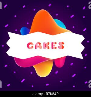 Colorful gradient flyer for cafe on bright and glossy background with cakes quote. Linear doodle illustration of food. Composition of multi-colored gradients and abstract shapes. Stock Vector
