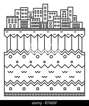 Simple city silhouette. Layers of the earth. Linear illustration isolated on white background. Flat design. Cartoon icon. Linear thin illustration. Stock Vector