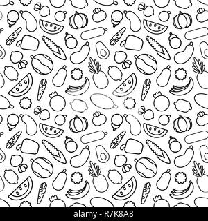 Cartoon cute fruits and vegetables on white background. Seamless pattern. Linear coloring illustration. Stock Vector