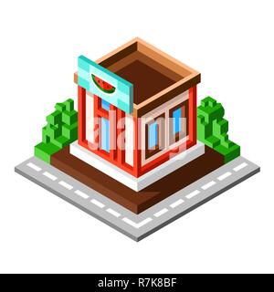 Supermarket isometric building isolated on white background. Fruit and vegetable store. Flat stock illustration. 3d isometry. Stock Vector