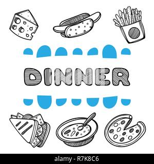 Cute hand drawn menu for cafe on food background. Linear illustration. Stock Vector