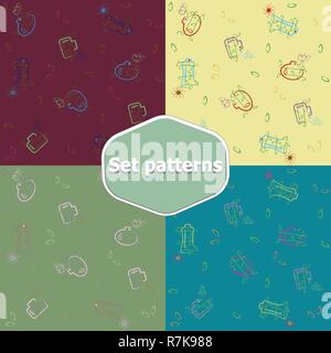 Seamless background with bottles and plants different colors. Cosmetic or perfume packaging. Vector set illustration. Stock Vector
