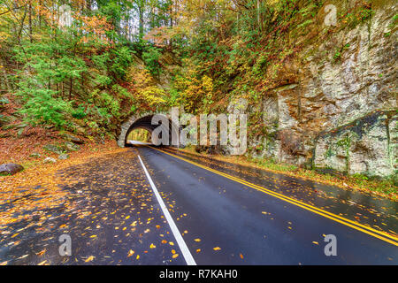Horizontal shot of a Smoky Mountain tunnel on an Autumn morning. Stock Photo